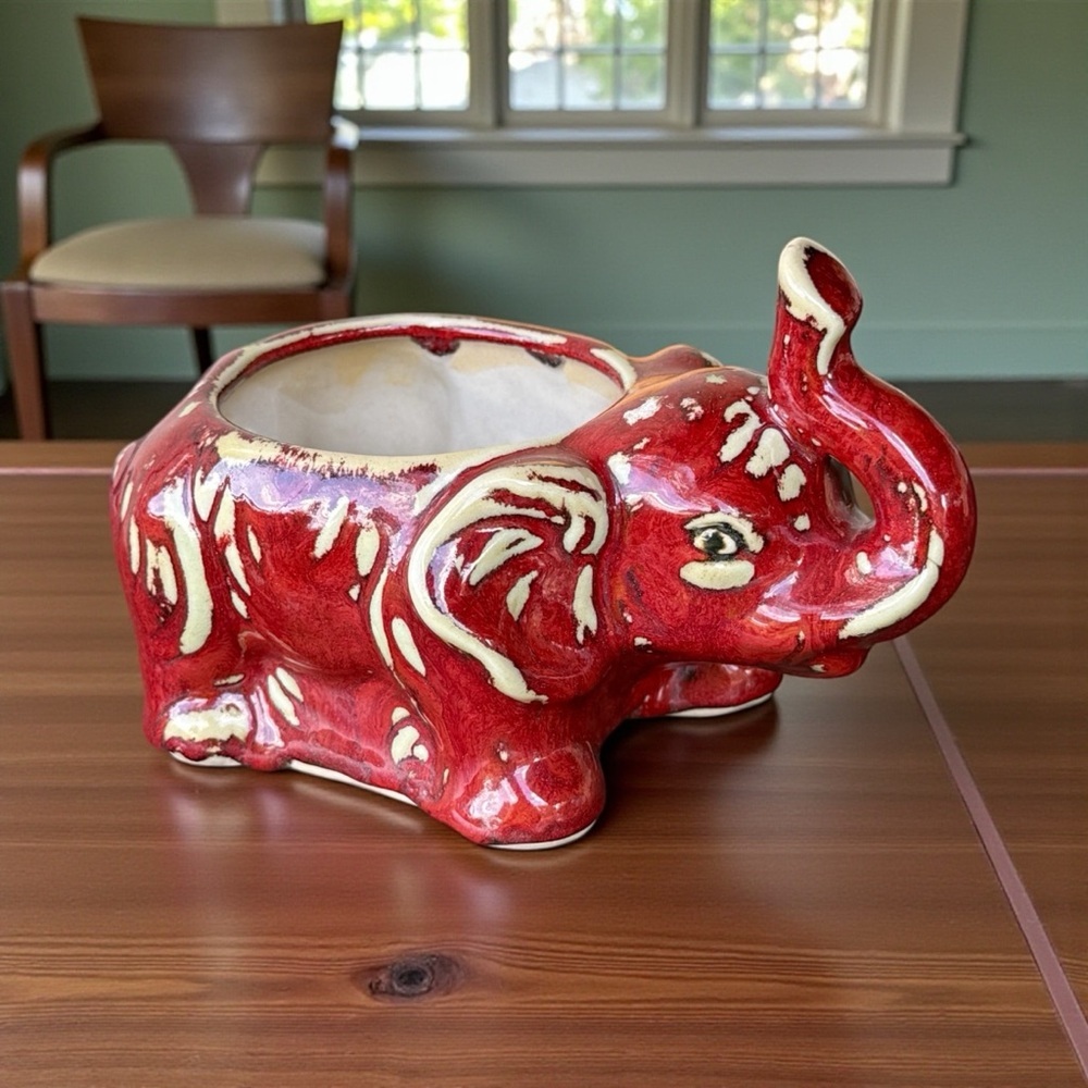 Elephant Planter Pot Red & Cream Glazed Trunk Up Figurine Boho Decor